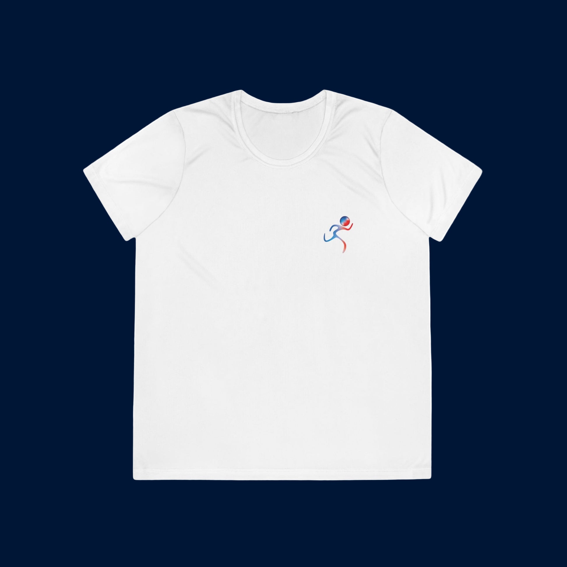 White t-shirt with a colorful logo on a white background