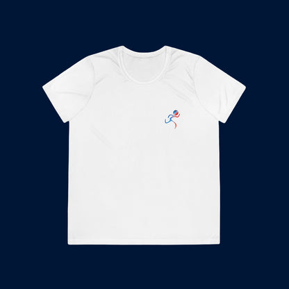 White t-shirt with a colorful logo on a white background
